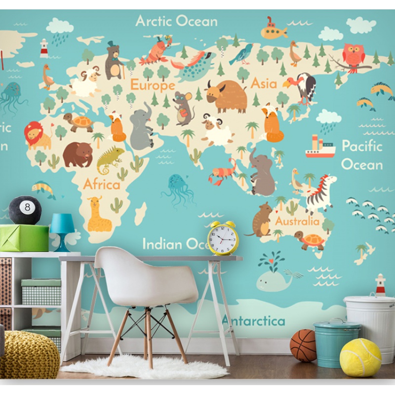 3d儿童房墙纸男孩女孩卧室背景墙壁纸卡通动物世界地图壁画墙布无缝