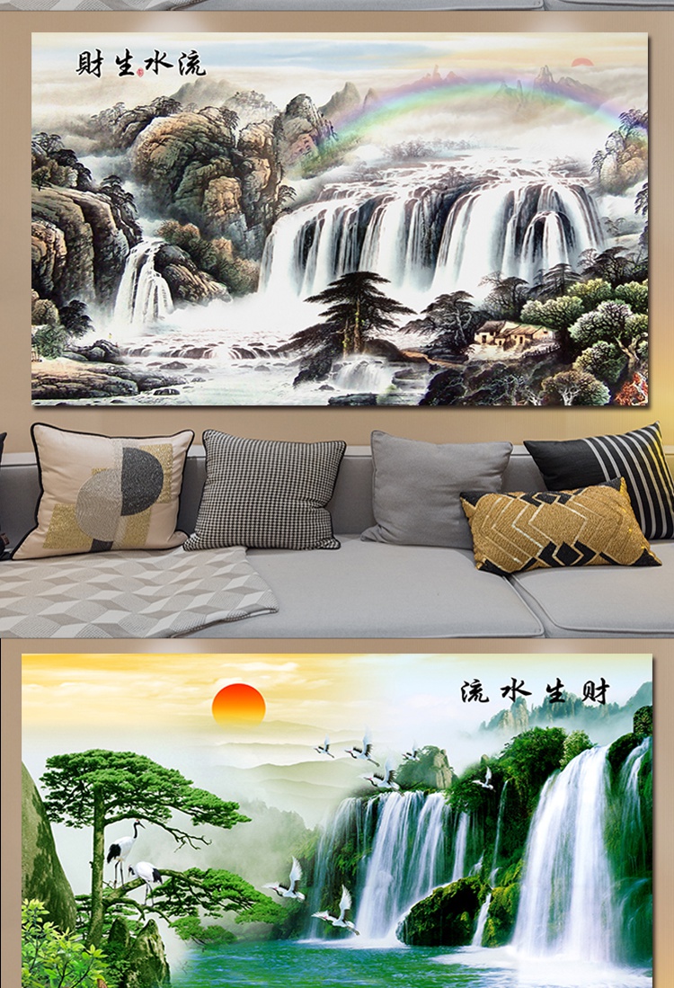 海报墙纸 中式山水画流水生财自粘壁画画海报贴纸风水画客厅装饰画