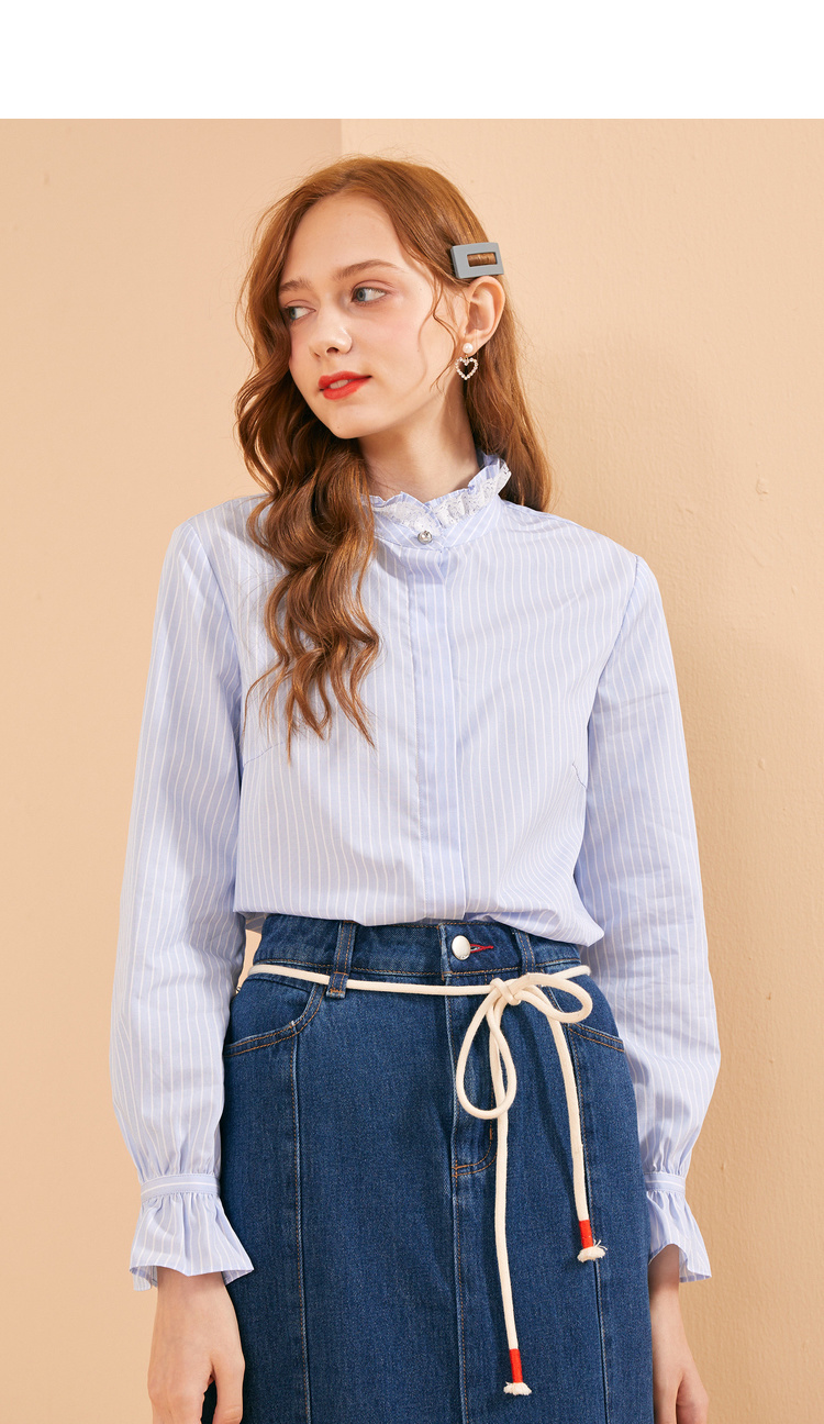 eland衣恋衣念春夏学院风木耳边蕾丝领口微喇袖口长袖衬衫女 象牙色