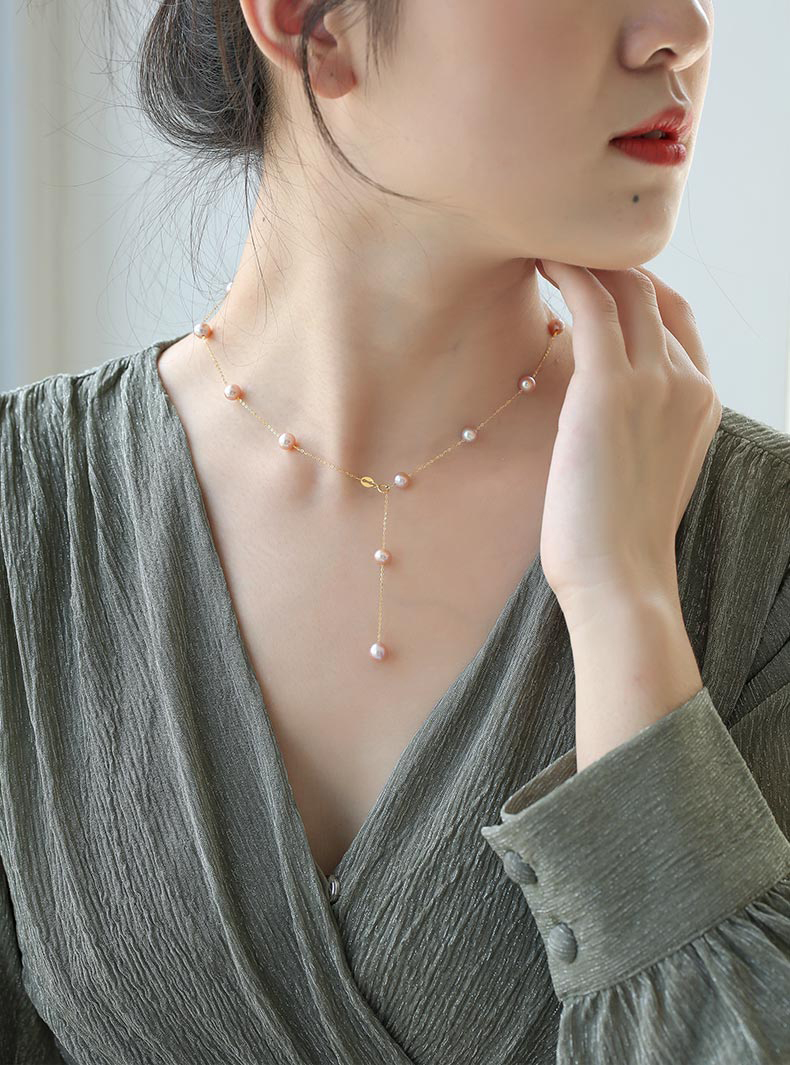 5565mm淡水珍珠项链金锁骨链女多戴款粉紫色满天星流苏项链5565mm50cm