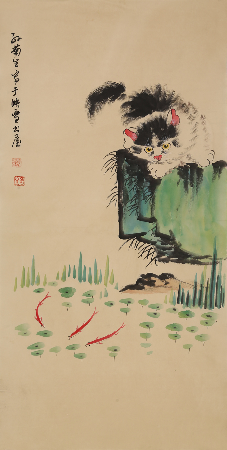 孙菊生国画名家精品三尺动物猫戏图手绘字画写意名人书画作品收藏纯
