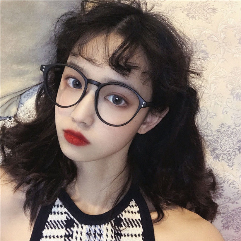 眼镜女圆脸显瘦韩版近视眼镜框架学生潮 复古时尚素颜潮款【亮黑色】