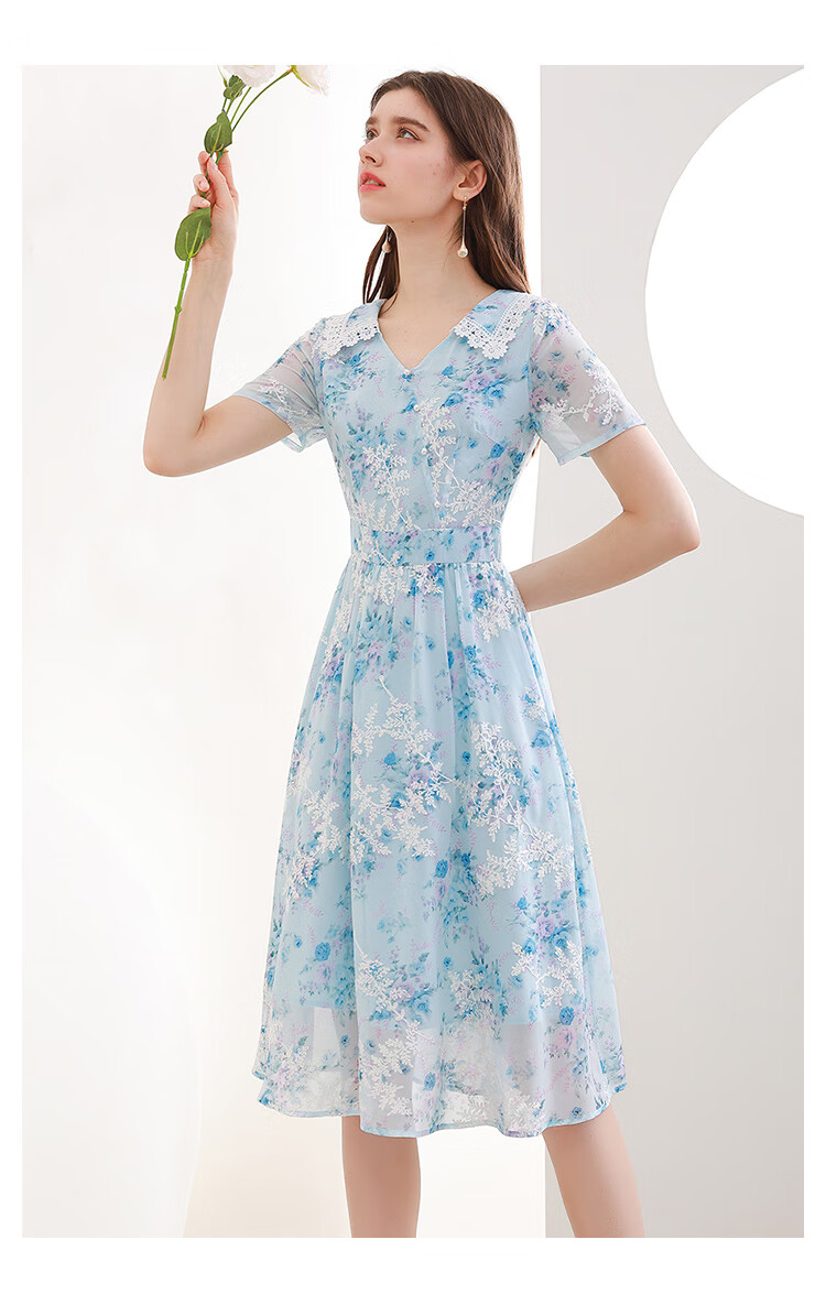 未风蓝色雪纺绣花连衣裙女夏2021年夏季新款高端气质优雅裙子 蓝色 s