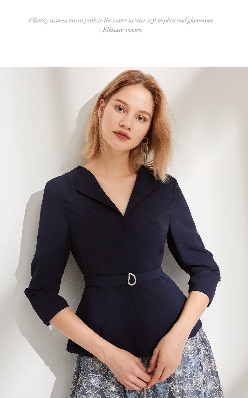 ellassay歌力思2021春夏新款修身显瘦翻领七分收褶造型袖衬衫 藏蓝色