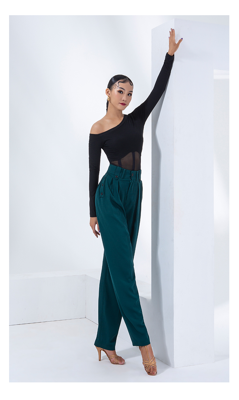 丹宝罗同款拉丁舞裤子女新款高腰口袋撞色钮扣国标长裤练功服装黑色