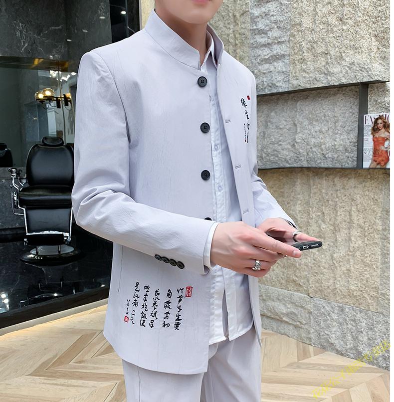 花花公子潮牌男士套装青年中国风潮流复古中山装修身帅气一套夹克成熟