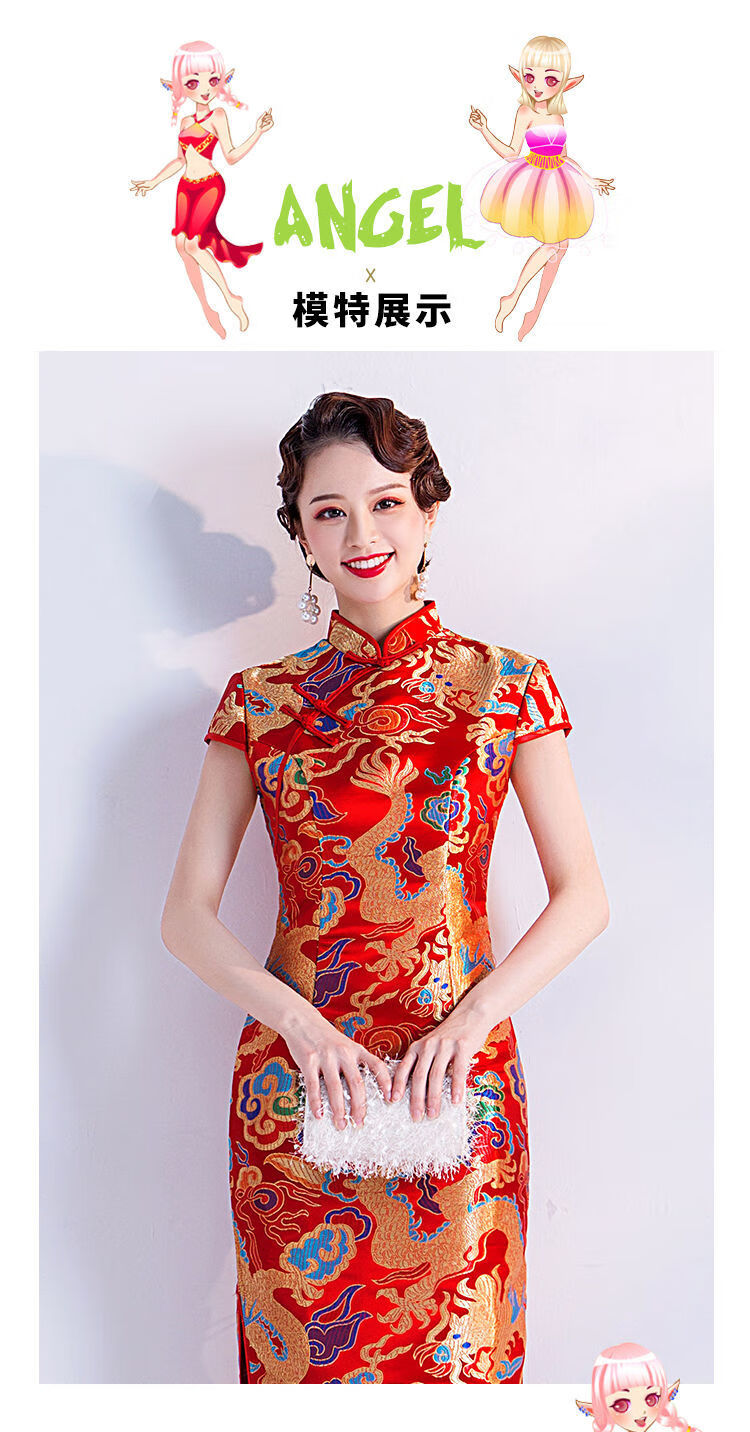 hzcl新品婚纱礼服新品旗袍龙袍红色新娘结婚敬酒服舞台演出走秀主持人