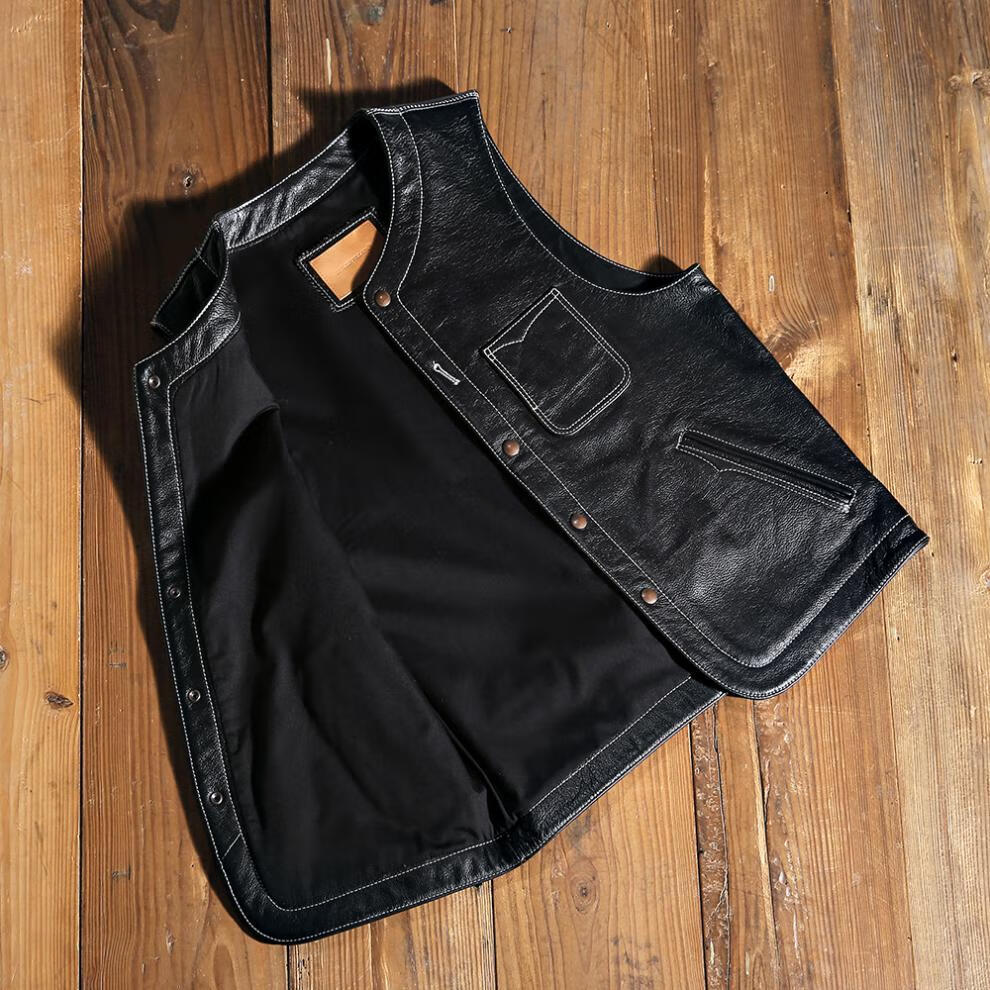 真皮马甲阿美咔叽复古坎肩头层牛皮马夹修身多口袋背心无袖皮衣黑色m