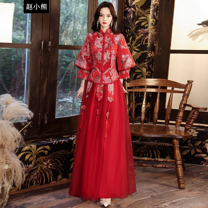 赵小熊中式伴娘服中式秀禾伴娘服2021新款香槟色伴娘团姐妹裙中国风