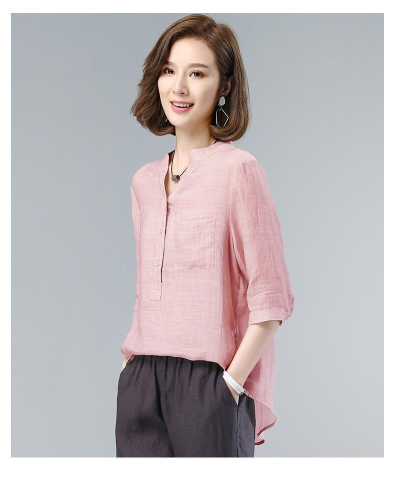 码棉麻女新款胖m韩版妈妈夏装宽衣显瘦百搭七分袖上衣 粉色 3xl 【145