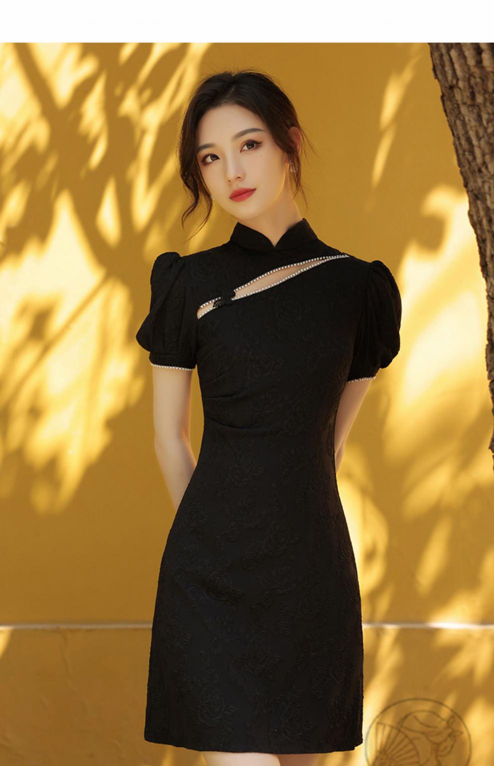 loguleya黑色旗袍年轻款短款2022年新款女夏季改良版连衣裙小个子黑色