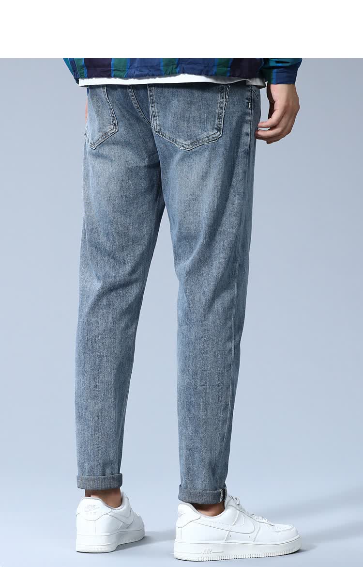 km男装2021牛仔裤男潮流直筒复古长裤水洗小脚百搭裤子夏季九分裤