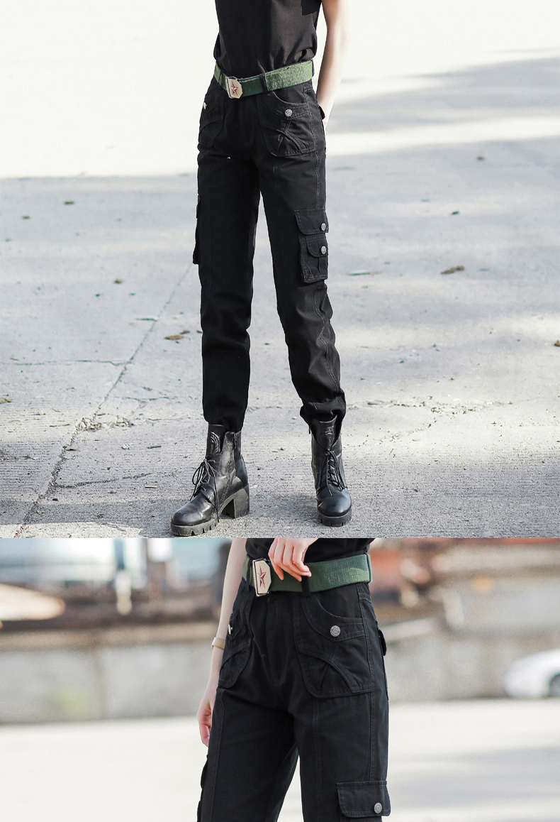 kiliveng工装裤女春秋款宽松多兜休闲显瘦高腰直筒帅气百搭黑色迷彩长