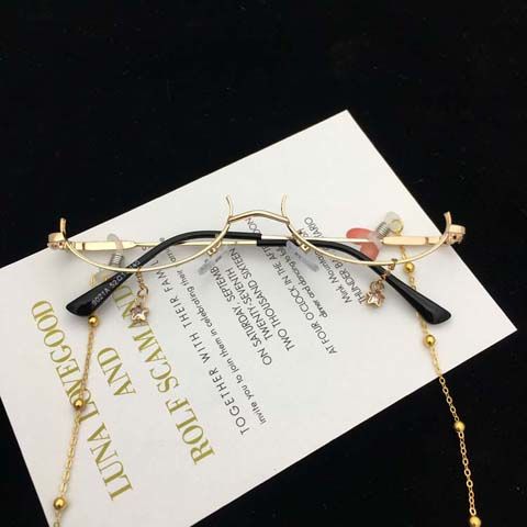 心墨染新品金丝眼镜链子抖音网红同款下半框无镜片眼镜框架女带链条