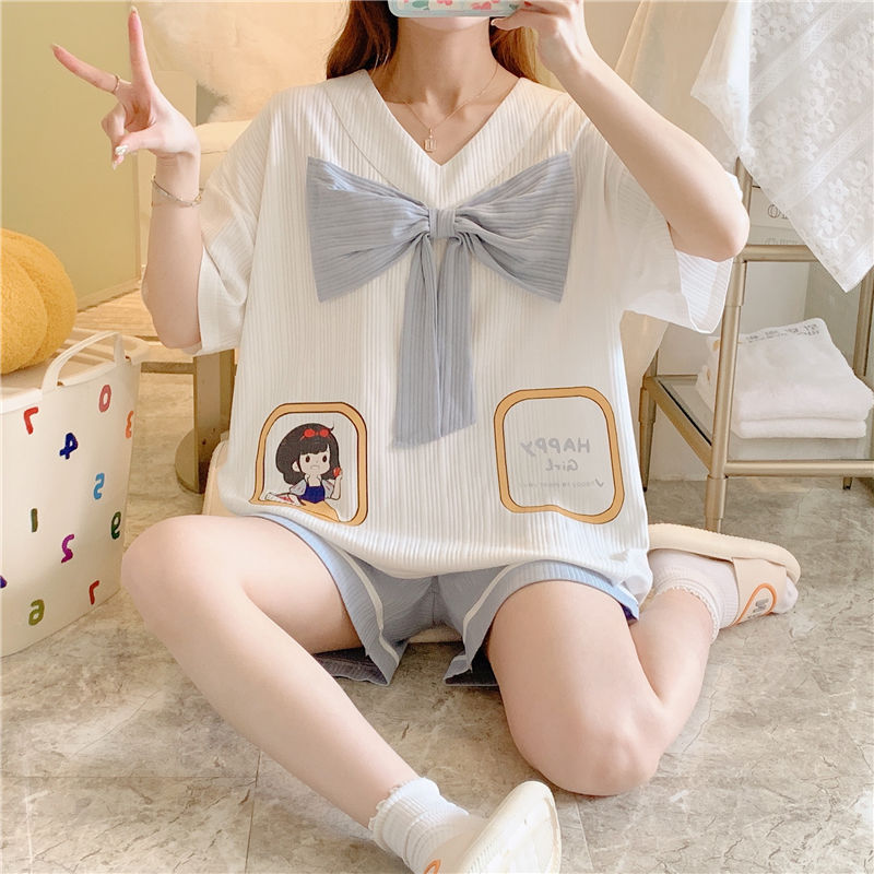 欧颖慕女生睡衣夏季棉质短袖短裤薄款休闲甜美公主风卡通女学生青年