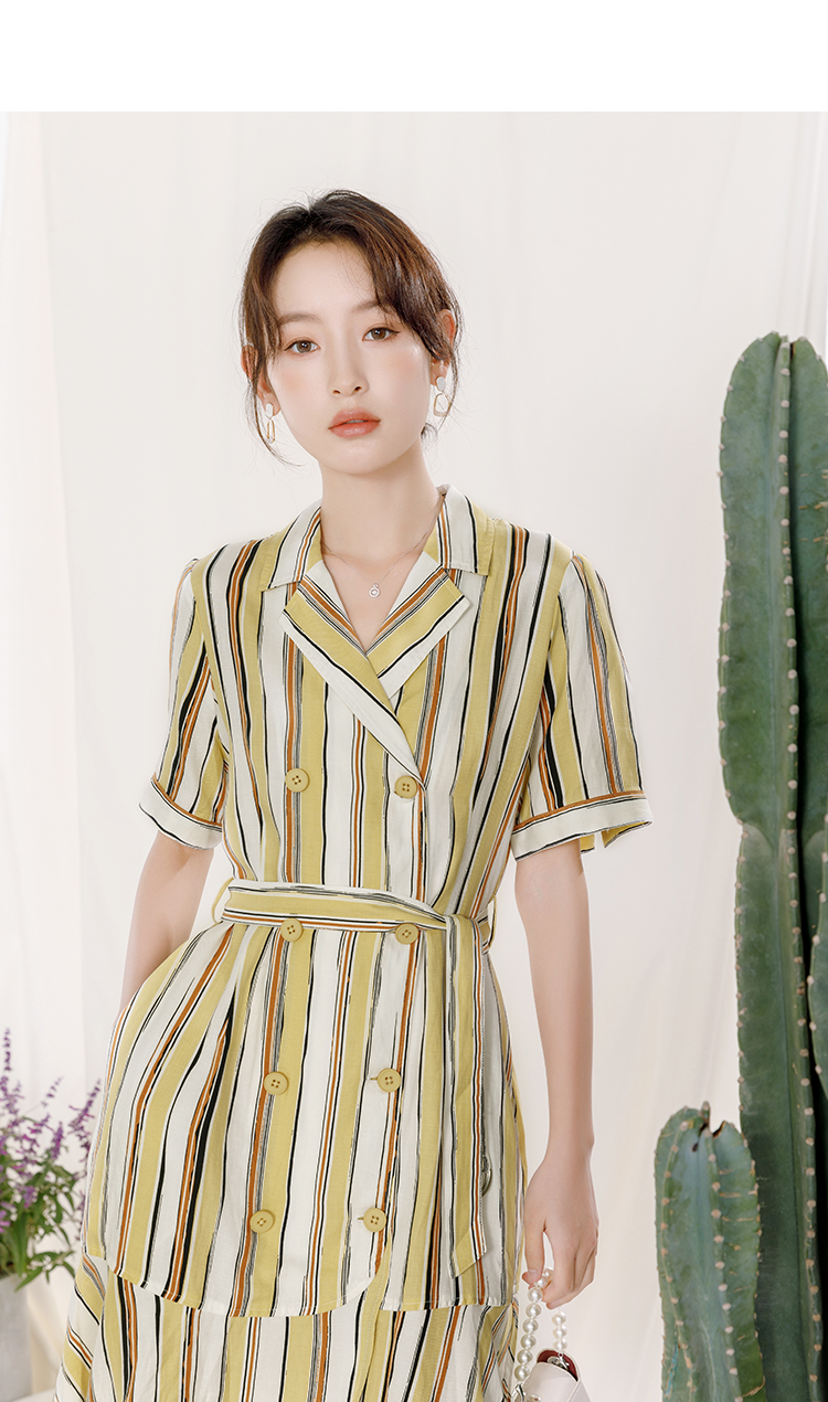 商场同款熙然2022夏新款西装领双排扣条纹衬衫连衣裙女黄咖条s