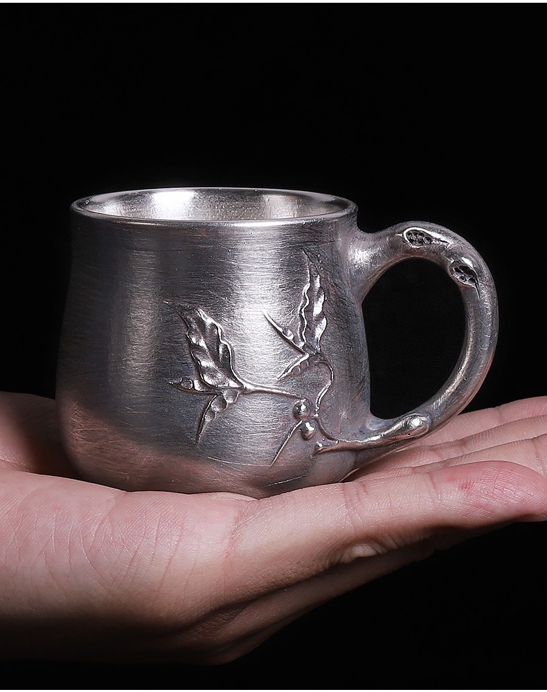 鎏银办公杯小茶杯镶银陶瓷水杯办公室手把个性复古银杯马克杯水杯鎏银