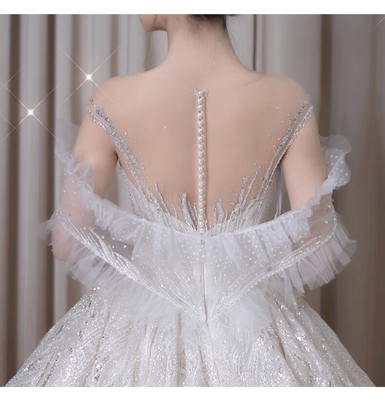 新款婚纱一字肩新娘小个子高端重工公主长拖尾齐地款后背绑带款xxl