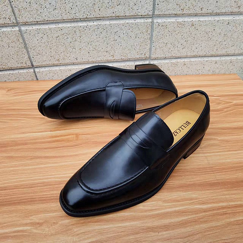 高端小牛皮鞋春季英伦商务乐福鞋硬底尖头手工皮鞋男真皮套脚品质定制