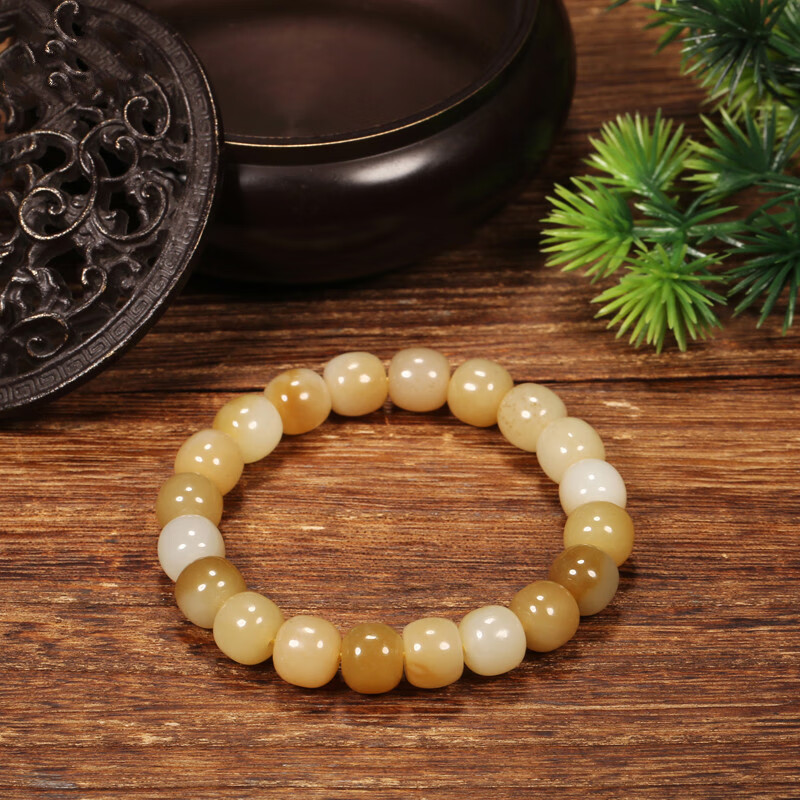 墨韵新疆天然玉石和田玉且末料老型珠手串女士款糖白玉910mm桶珠手链