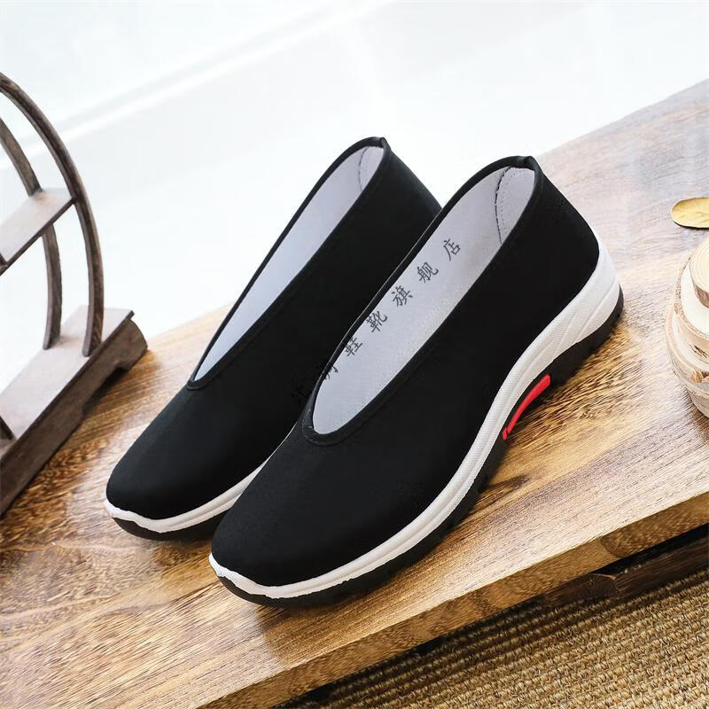 老北京布鞋男圆口厚底增高上班鞋一脚蹬透气爸爸鞋休闲老头鞋 黑色 38