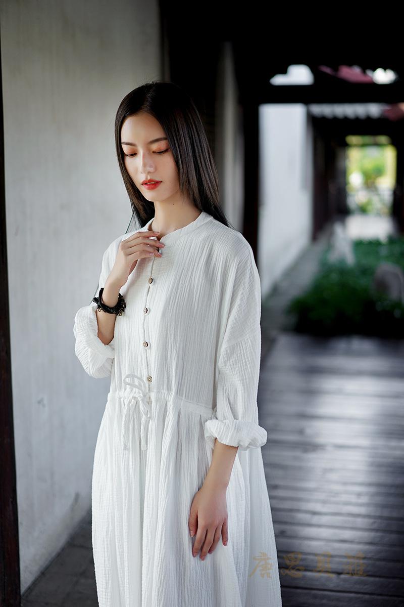文艺范棉麻春秋款连衣裙2021春秋季新款棉麻女装文艺范双层棉纱系带