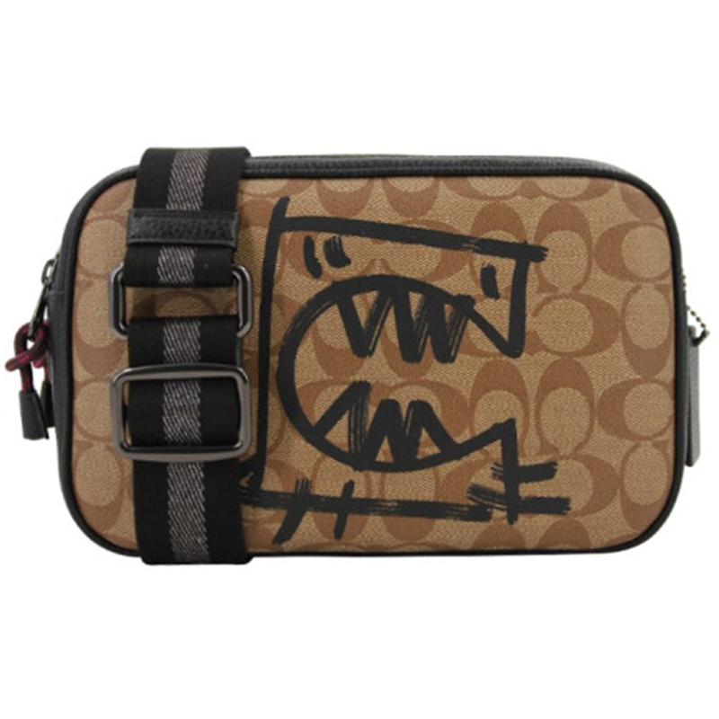 coach蔻驰女包小怪兽女士单肩斜跨包两用相机卡其色配白色pvc配皮1505