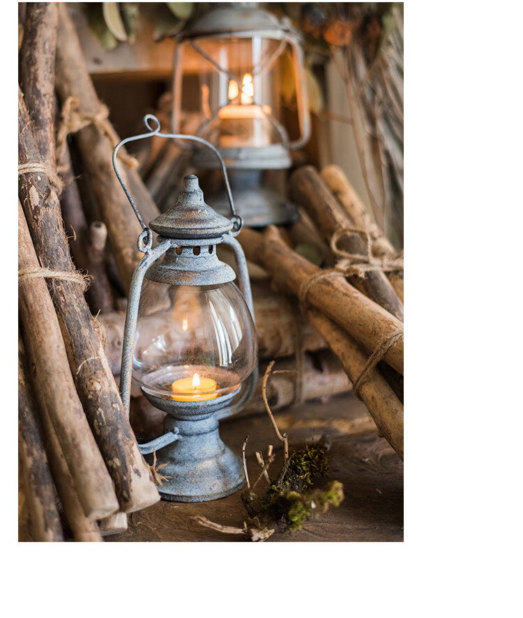 掬涵 欧式复古铁艺烛台风灯油灯小提灯装饰摆件花园杂货道具 怀旧风灯