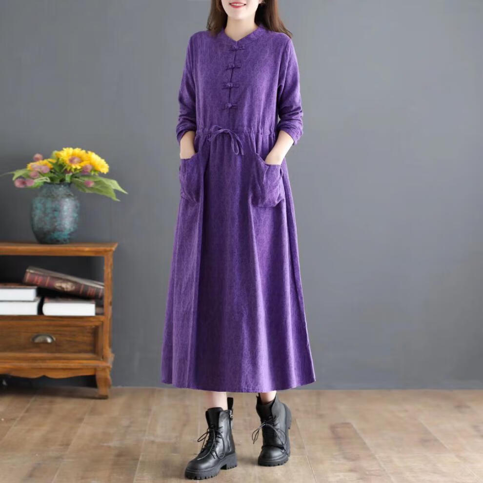 素订棉麻女装官方素素杭州秋冬复古提花盘扣连衣裙女立领长袖收腰加厚
