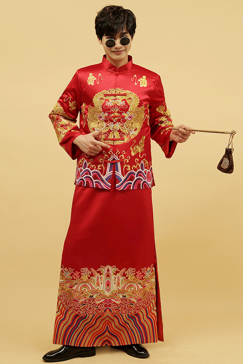 桢译秀禾服加大码男装结婚敬酒服新郎礼服中式刺绣龙凤褂红色喜服 正