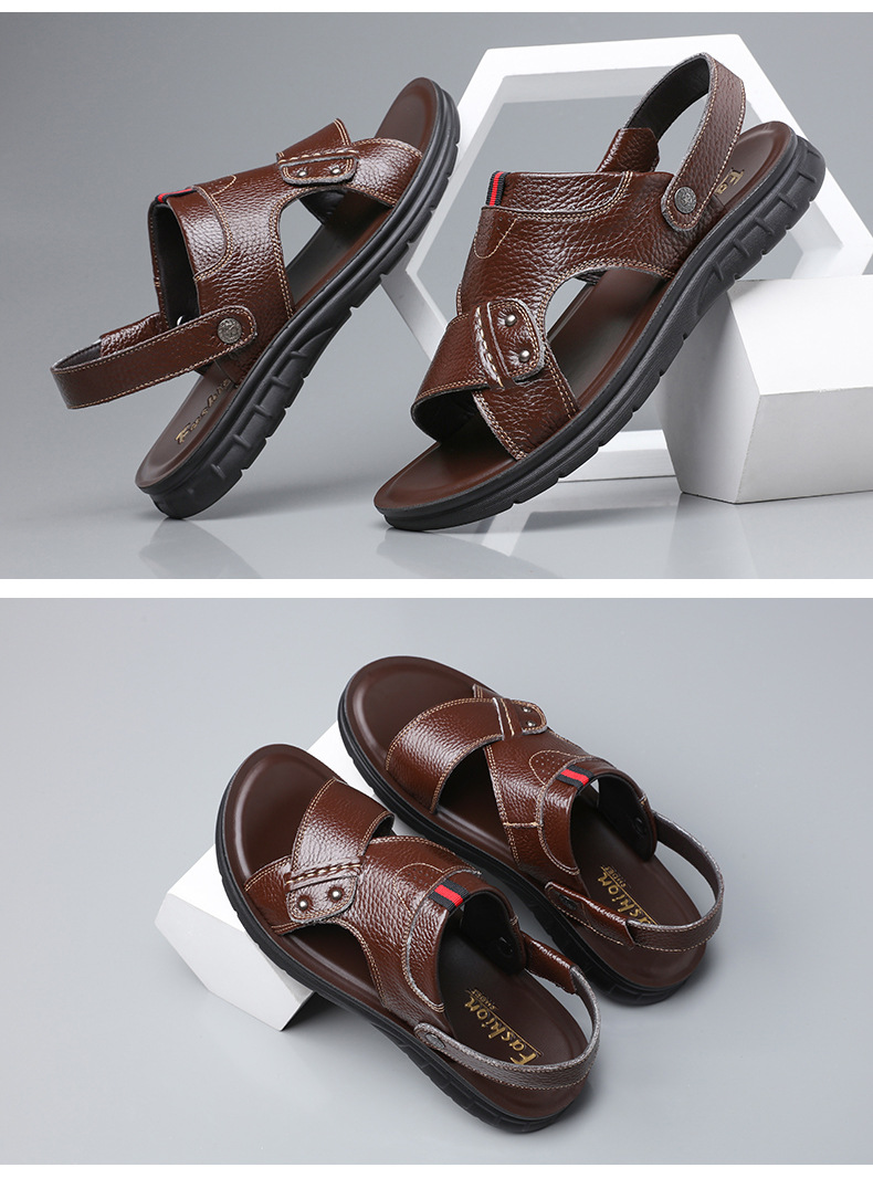 特大号男凉皮鞋男款加大码凉鞋特大码男男士加肥加宽4眞皮软底中老年