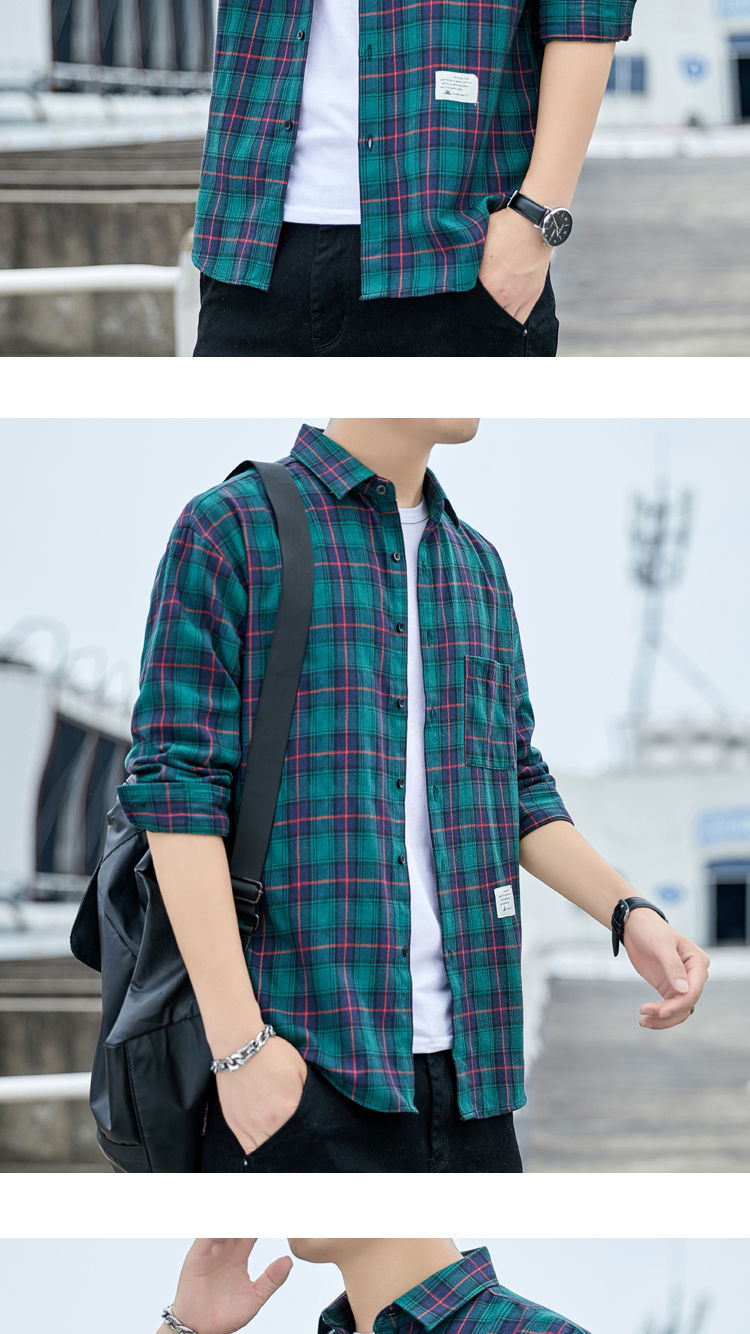 程序员格子衬衫夏季格子衬衫男短袖上衣宽松休闲百搭外套ins港风帅气