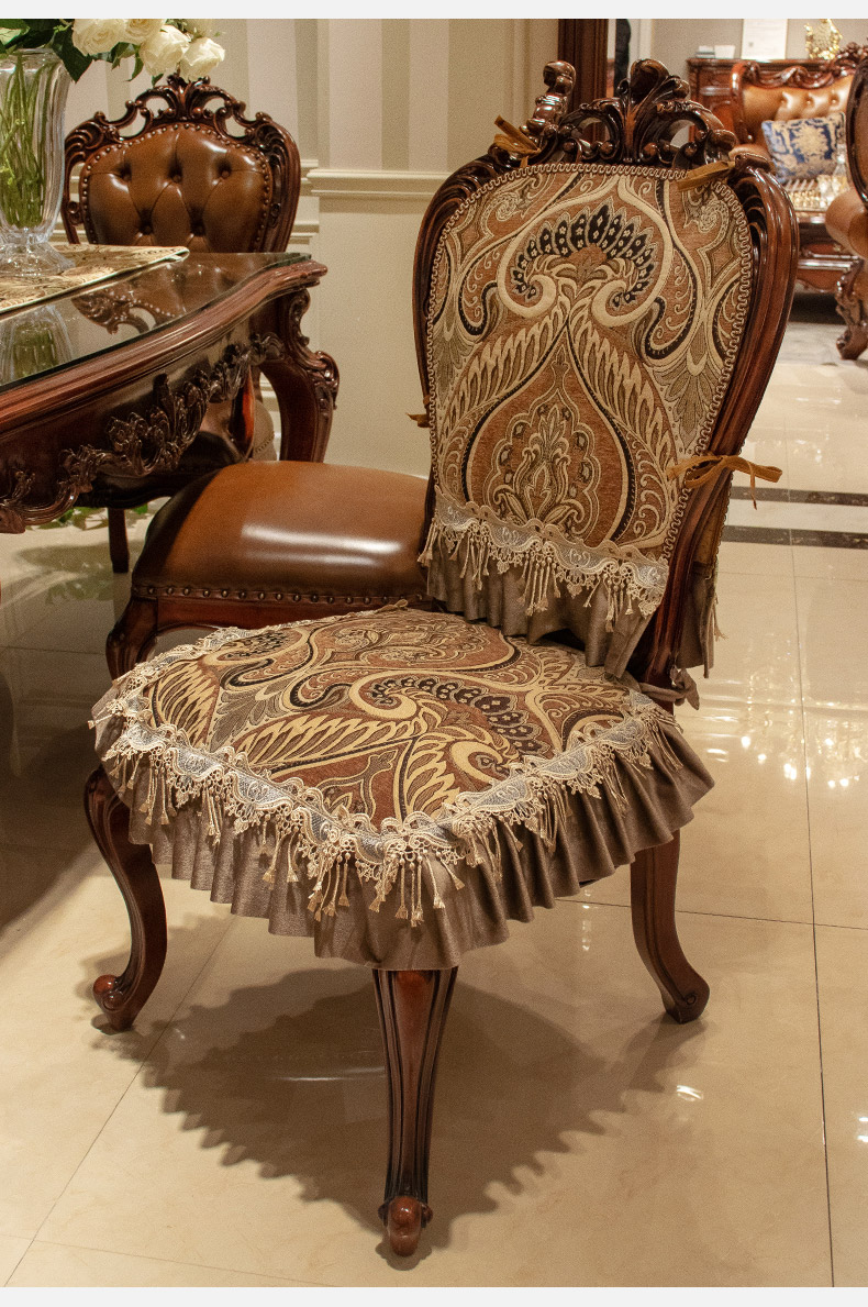 梦然纺欧式椅垫防滑加绑带美式餐椅垫四季椅子坐垫椅背套餐厅秋色棕