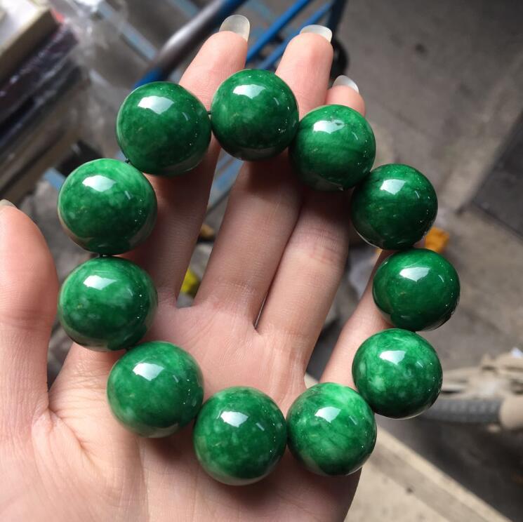 高瑞品质一元拍卖天然货翡翠干青铁龙生祖母绿手链20佛珠满绿圆珠手串