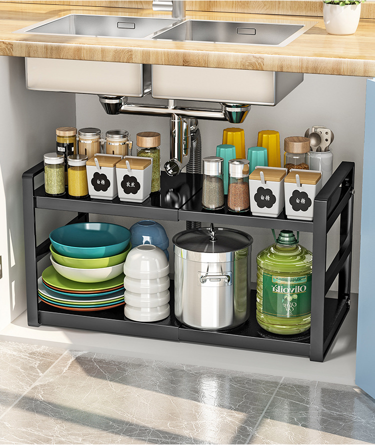 厨房可伸缩调节置物架调料架台面落地黑色多功能多层橱房柜分层隔板架