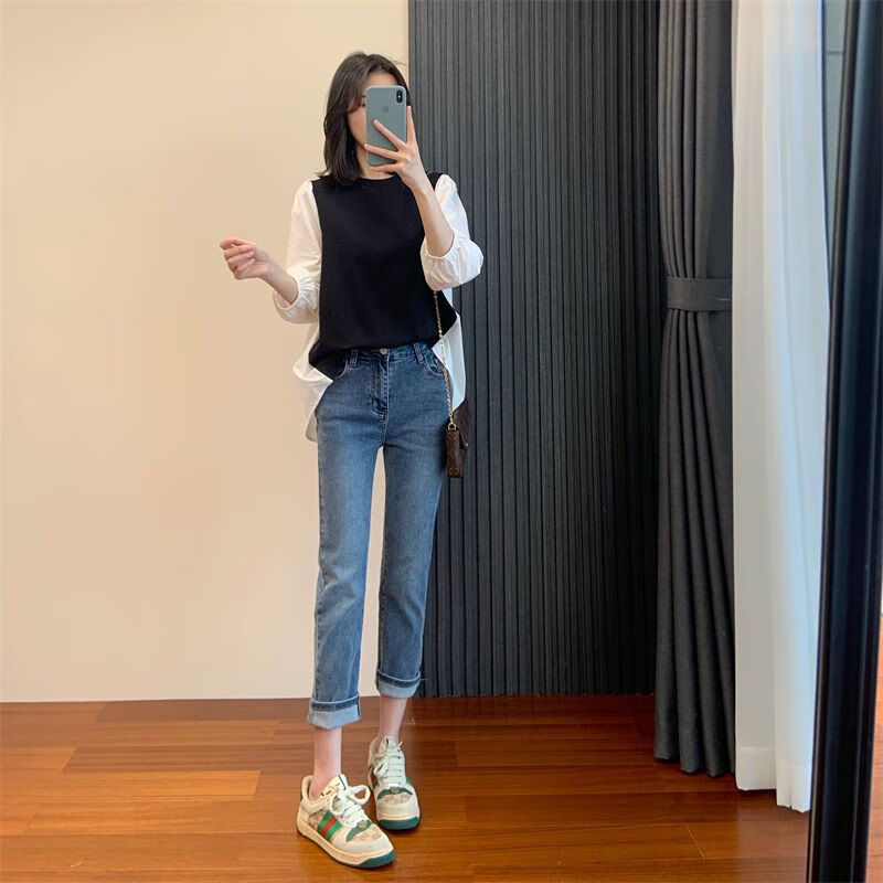 牛仔裤女中腰筷子腿超弹烟管裤直筒薄款软牛仔裤九分裤女春夏黑色xs