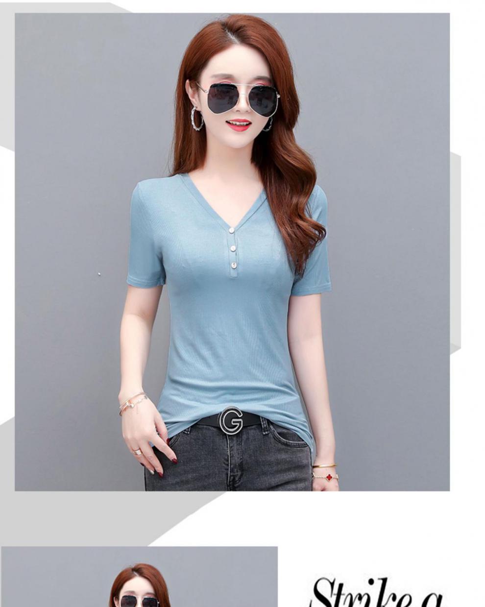 女装t恤新款夏季宽松大码冰丝莫代尔螺纹短袖t恤女纽扣v领显瘦半袖