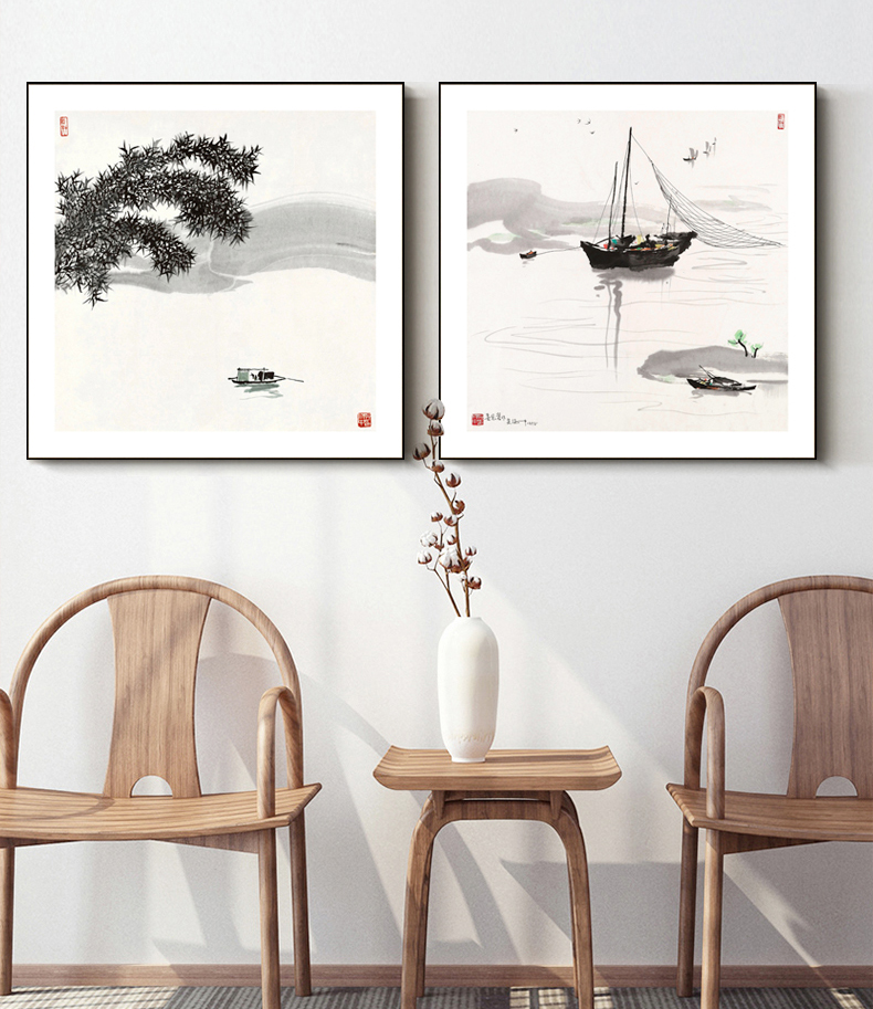 吴冠中江南水乡挂画水墨船山水画壁画新中式客厅沙发背景墙装饰画 b