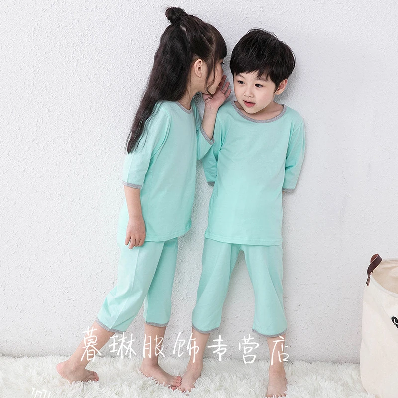 [Jingdong Preferred] Children's pajamas women's summer cotton thin section little boys summer short-sleeved air-conditioning suits boys and girls home clothes lake blue 130cm suitable for height 120-130cm