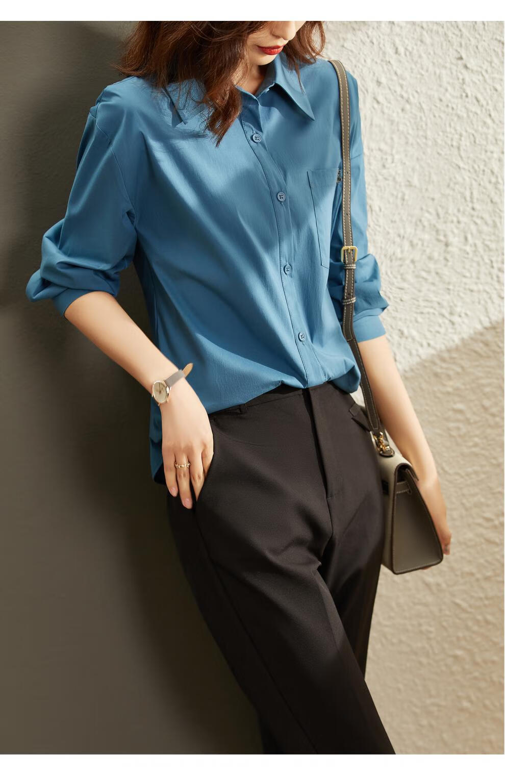 孔雀蓝衬衫女2021早秋新款上衣职业气质衬衣欧货宽松长袖f8690孔雀蓝m