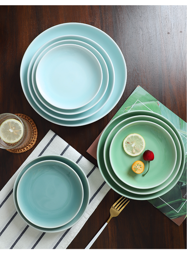 龙泉青瓷餐具龙泉青瓷深盘陶瓷碗盘组合家用圆形盘子中式纯色菜盘天青