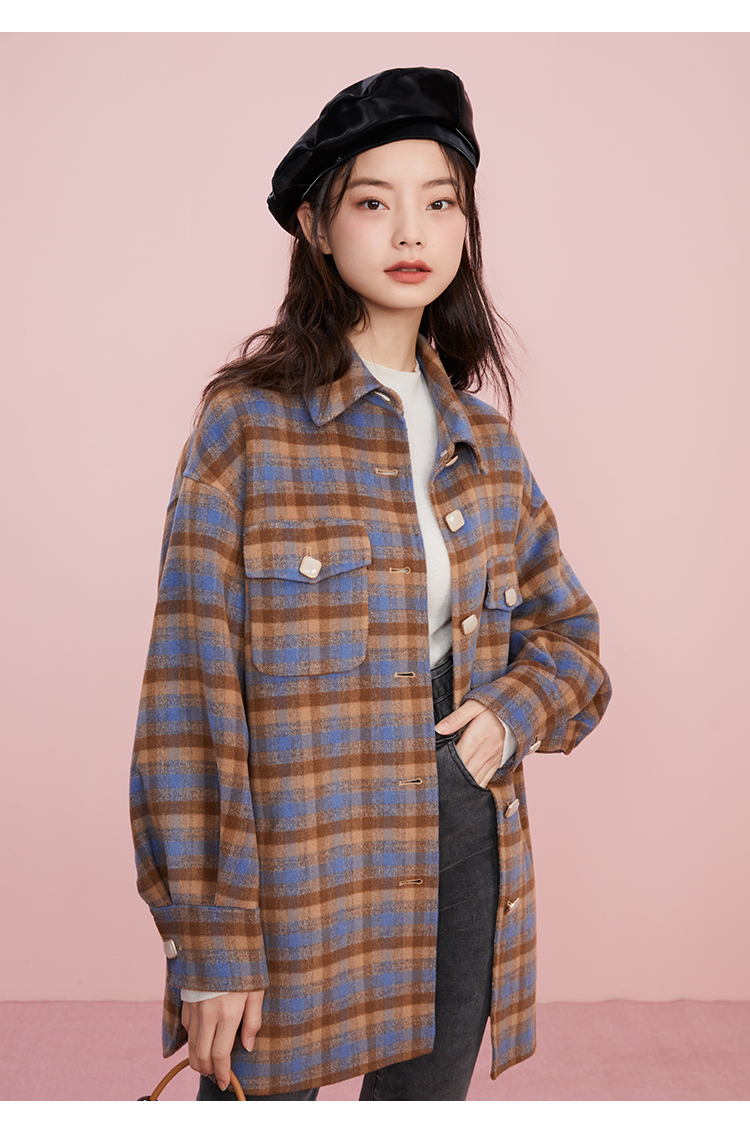 onemore新款衬衫式外套女士格纹外套中长款外穿衬衫格纹16588am