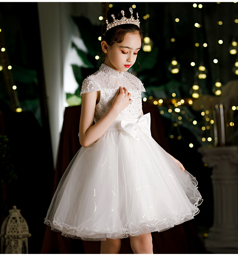 乖奇奇女童生日晚礼服公主裙白色儿童婚纱花童婚礼小女孩钢琴演出服
