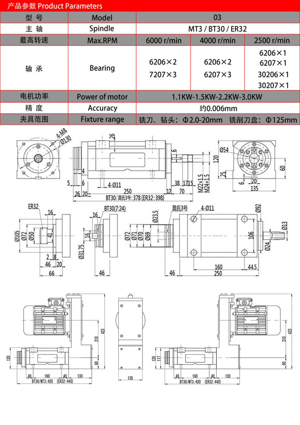 3號動力頭er32bt30莫氏mt3鑽孔鏜孔銑床鏜床主軸頭電機組合30kw三相