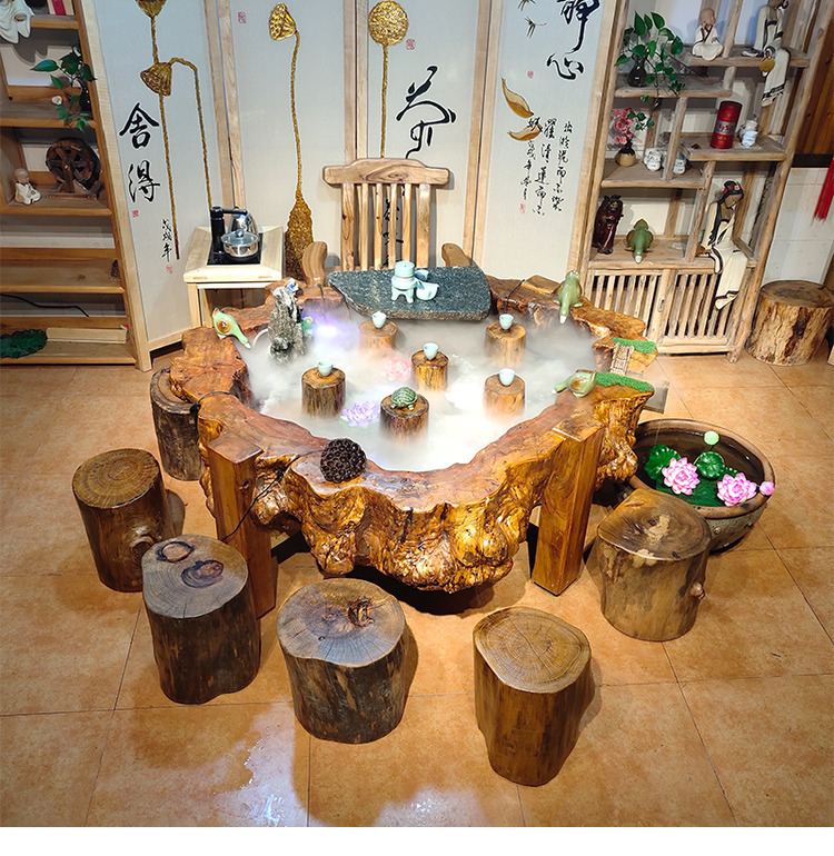 南啵丸老船木茶桌流水茶台养鱼景观一体桌家用实木办公室船木茶几茶