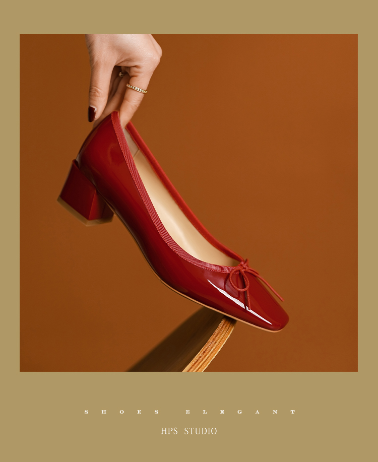百丽香奈 女鞋2022春款酒红色漆皮小红鞋粗跟单鞋蝴蝶结方头漆皮她他
