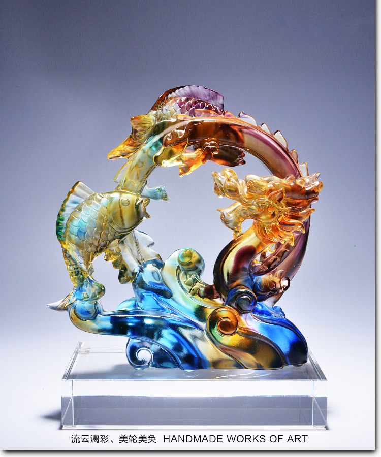 opdamyi鲤鱼跳龙门琉璃摆件工艺品创意送老板升职礼物风水摆设家居