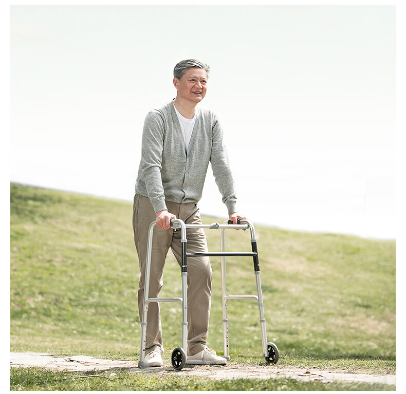 鱼跃 助行器yu730a铝合金伸缩拐杖 折叠便携带轮带坐板 四脚拐杖老人