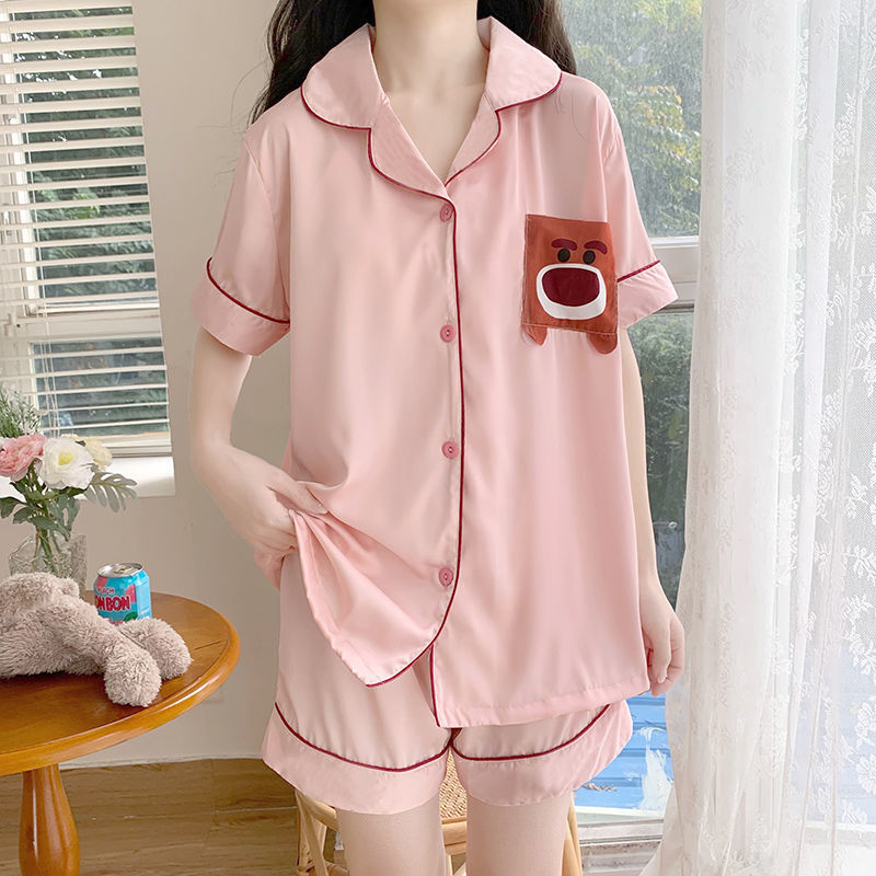 睡衣女夏冰丝短袖套装夏天睡裤短裤青少年居家服两件套学生休闲宽松甜