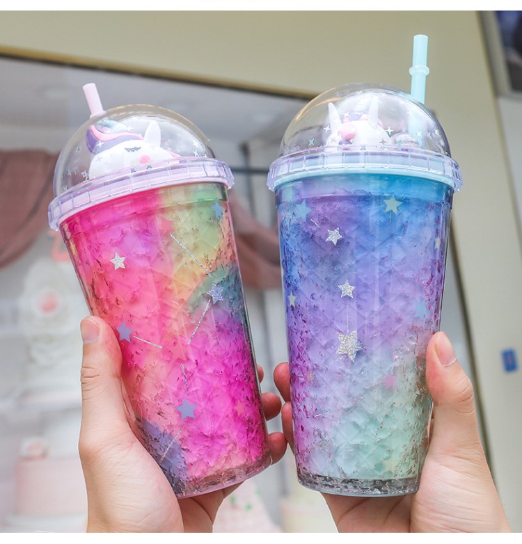 星空流沙杯网红水杯流沙杯子星空流沙杯双层可爱创意带盖碎冰杯塑料